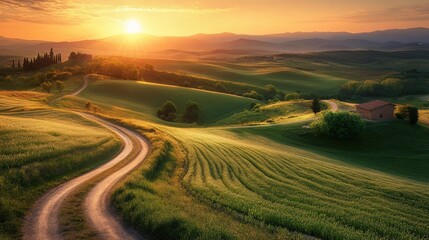 Fototapeta premium A scenic countryside with rolling hills, a winding road, and a warm sunset, perfect for travel and outdoor photography themes
