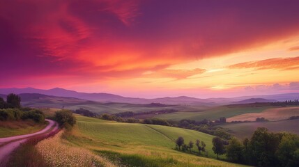 Obraz premium A stunning countryside landscape featuring rolling hills, a winding road, and a vibrant sunset sky, perfect for outdoor travel visuals
