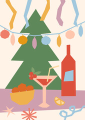 Modern Christmas card. Merry Xmas party vector illustration on pink background, hand drawn geometric style. Seasonal winter design with Christmas tree, cocktail drink, bottle. Festive poster, banner