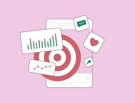 Data analytics for visualizing social media performance. Track key metrics and insights, monitor trends, improve smm strategy using data-driven decisions. Social media reporting vector illustration