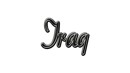 black metal 3d design of Country name Iraq on white background.