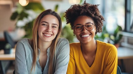 Naklejka premium two joyful young interns sitting in a bright office, smiling confidently, warm light on their faces, casual but professional setting, friendly and inviting workspace