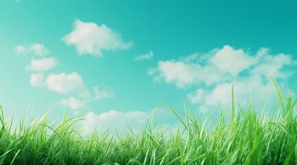 A wide shot of the sky, with a clear blue background and a green grass field in front. The grass is tall, with some white flowers blooming on it. 