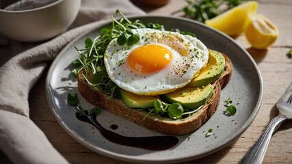 Plate with tasty fried egg, avocado and toasts