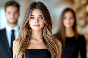 Fototapeta premium A woman with long brown hair poses for a photo with two other people. The woman is wearing a black dress and a tie, and the other two people are wearing black and white outfits