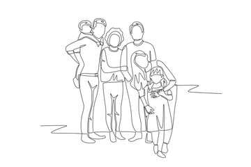 Family posing for photos. Family potrait concept one-line drawing