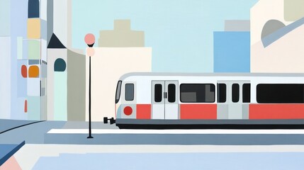 A white subway train is approaching, surrounded by design buildings capturing the essence of city life, with a focus on simplicity.