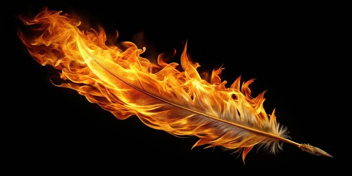 Fiery phoenix feather burning on dark backdrop