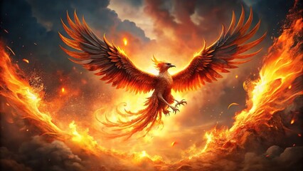 Obraz premium Fiery phoenix soaring through embers and smoke in panoramic view