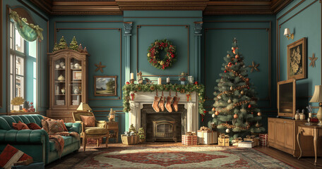 Obraz premium Classic Christmas Decorated Living Room Interior