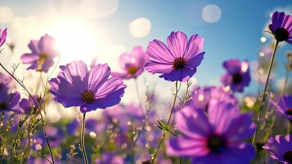 Purple cosmos flowers sway in the gentle breeze on a sunny day