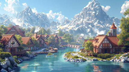 Fototapeta premium Picturesque alpine village nestled beside a shimmering river, reflecting the snow-capped peaks.