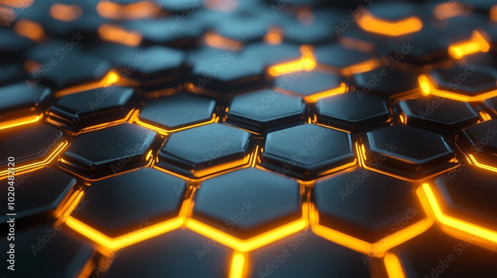 Poster close-up view of illuminated hexagonal patterns with glowing edges showcasing intricate design at ni