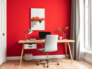 Fototapeta premium A modern home office with a wooden desk against a vibrant red wall. The desk features a computer, a desk lamp, books, and a vase with flowers. A light gray chair sits in front, and landscape painting