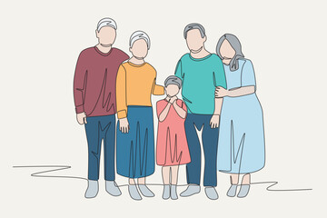Colored family posing for photos. Family potrait concept one-line drawing