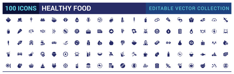 Healthy food solid icons set. Halal food icon collection. Filled symbol collection. Glyph icon pack for web and ui. Editable and pixel perfect, Vector illustration.