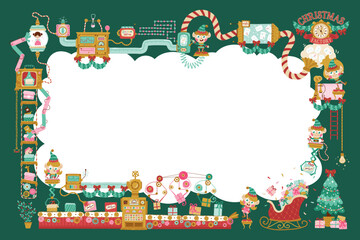 Christmas template Factory Santa Claus, elves read letters, pack gifts, toys for children. Hand-drawn vector cartoon illustration in retro style. Holidays Background for invitations, greetings.