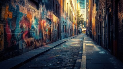 Fototapeta premium Narrow cobblestone alleyway with graffiti covered brick walls