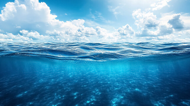 Blue Sea or Ocean Water Surface and Underwater with Sunny and Cloudy Sky: A split view featuring the surface and underwater sections of the ocean, with a mix of sunny and cloudy sky above.