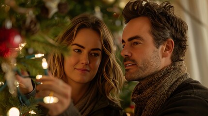 Couple joyfully adorning their home with holiday decorations and festive touches together