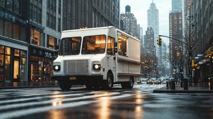 Fototapeta premium A white food truck is currently driving down a busy city street