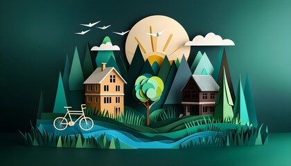 Fototapeta premium Paper cut landscape with houses and sun; serene nature illustration, perfect for banners