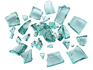 Shattered glass pieces blue green isolated transparent background