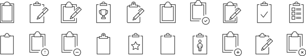 Clipboard Related Line Icon Collection. Editable Stroke. Perfect for Infographics, Articles, Books, Flyers, Banners