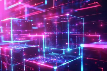 Naklejka premium A computer chip is lit up in a cityscape, generative ai image