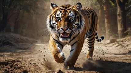 Fototapeta premium A majestic tiger sprints down a dirt road, showcasing its power