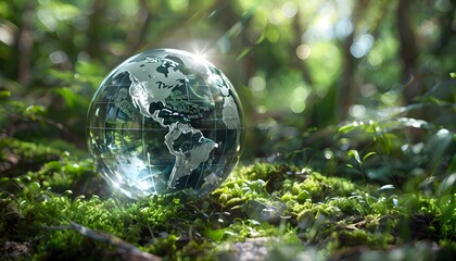 Glass globe reflecting sunlight in lush forest setting, symbolizing environmental awareness