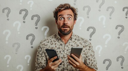 Confused man holding two smartphones surrounded by question marks, decision dilemma concept, choosing between options, unsure expression, technology choice, modern problem, thinking face