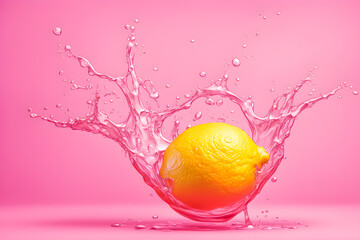 illustration of fresh lemon fruit and liquid splashing on the pink background.	