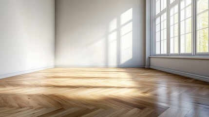 Obraz premium A minimalist room featuring premium oiled oak parquet flooring, where the detailed wood grain and smooth texture stand out. The warm, natural tones of the oak complement the modern