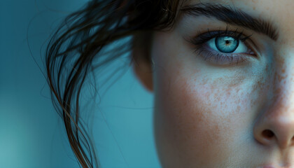 Fototapeta premium Close-Up Photograph of a Woman's Blue Eye with Freckles and Natural Lighting