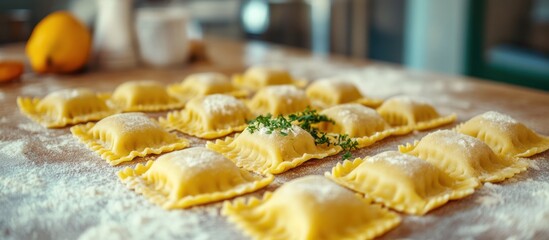 Freshly made ravioli with flour dusting and sprig of thyme, ready for cooking.