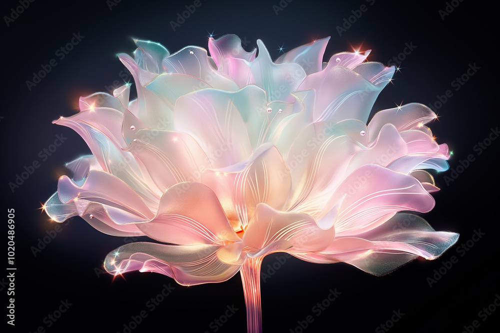 Wall mural This enchanting flower emerges vibrantly from the darkness, its delicate petals glowing with pastel hues and sparkling highlights, creating a dreamlike ambiance