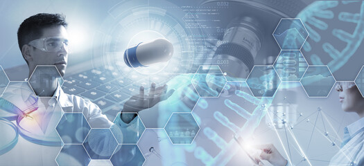 Double exposure  of medical equipment and scientists working in research laboratory. Conceptual image for biotechnology innovation and discoveries.