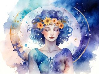 Watercolor painted zodiac symbols - virgo. Girl in blue tones