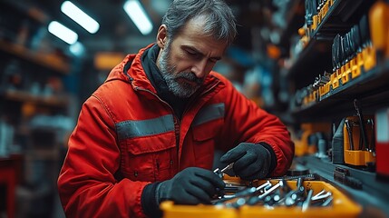 A mechanic in a red jacket is selecting tools from a toolbox in his workshop.