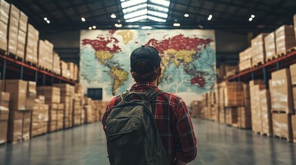 Fototapeta premium supply chain management in a warehouse worker examining a map with pins marking international suppliers logistics global trade and distribution networks emphasizing supply chain efficiency