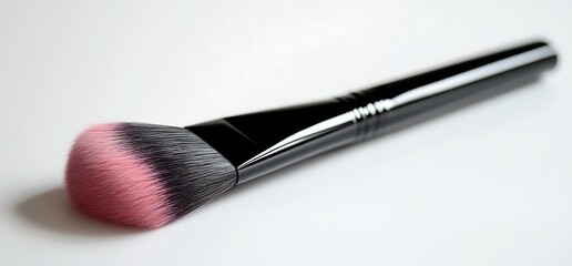 Black makeup brush with pink bristles on white background.