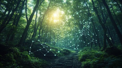 A serene forest scene with sunlight filtering through trees, creating a peaceful atmosphere enriched by digital connections