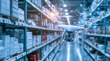 A vibrant healthcare distribution center with shelves full of medical supplies, where autonomous drones and robotic carts move swiftly to deliver essential products. The background