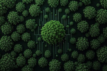 Aerial view of lush green trees creating a vibrant forest scene, blending nature with technology-inspired patterns