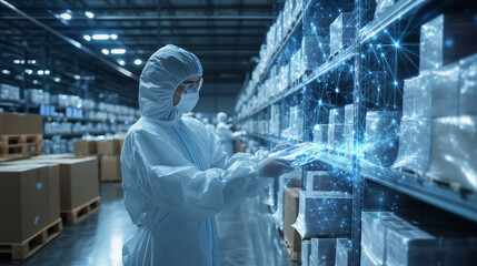 A warehouse filled with medical supplies, where workers in protective gear and automated robots are organizing shipments. A digital interface projects a 3D hologram of the global s