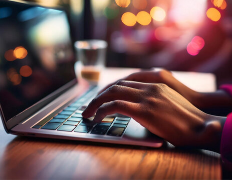 Close up em m&atilde;os digitando no notebook em um ambiente aconchegante com bokeh de luzes ao fundo.