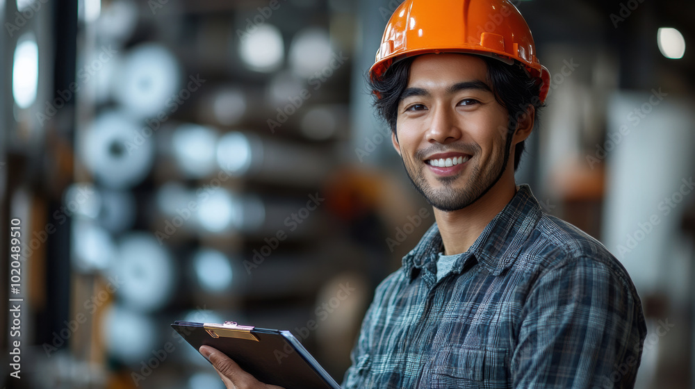 Wall mural smiling male factory worker wearing hard hat, clipboard in hand, industrial background, professional