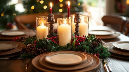 Naklejka premium Festive table with Christmas candles and holly berries, leaving room for text in the center