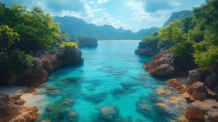 A secluded tropical cove with clear blue water and lush green foliage surrounding the bay.